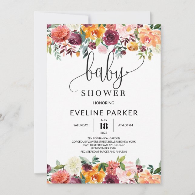 Invitation baby shower Boho Fall orange marigold (Devant)