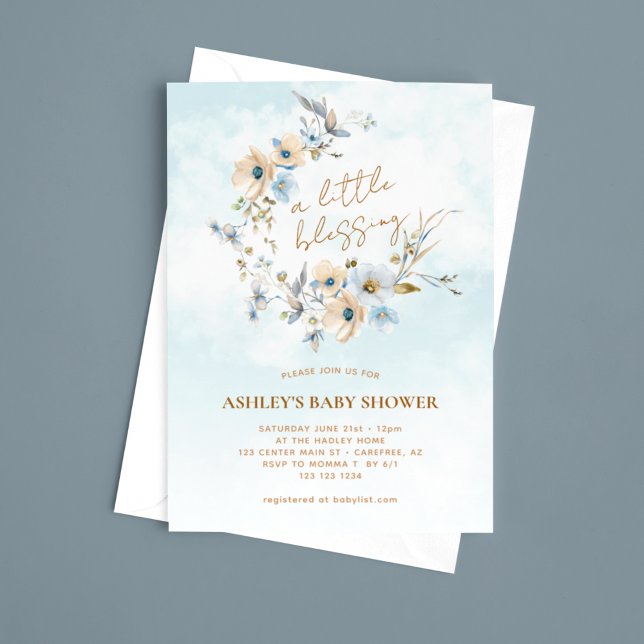 Invitation Baby shower Boho Fleur sauvage bleu (Créateur téléchargé)