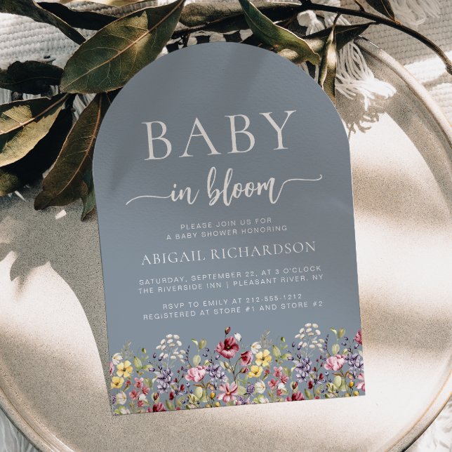 Invitation Baby shower Boho Fleur sauvage Dusty Blue Arch (Créateur téléchargé)