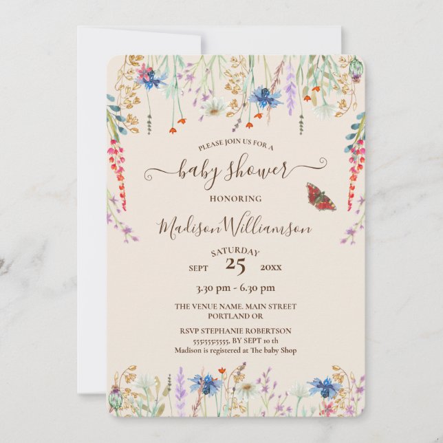 Invitation Baby shower Boho Fleur sauvage Meadow & Butfly (Devant)