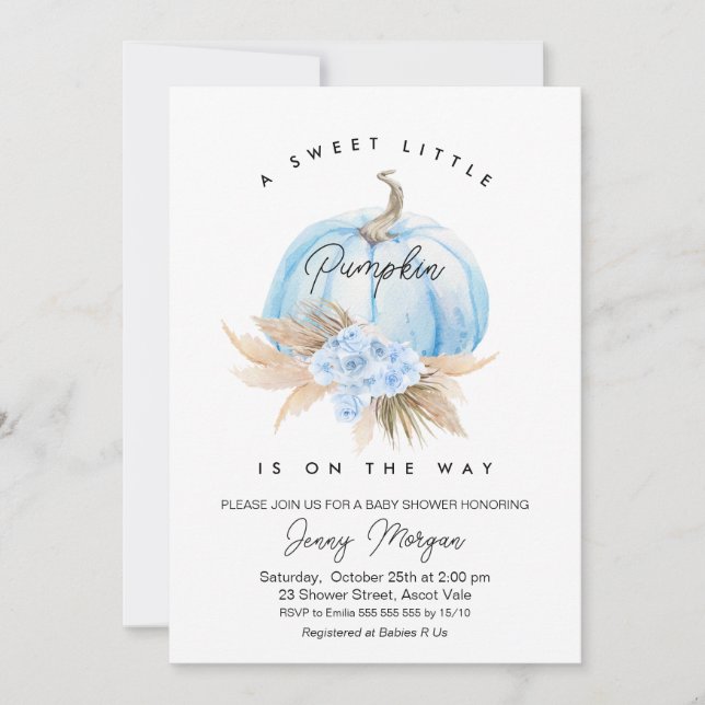Invitation Baby shower Boho Floral Boys Citrouille bleu (Devant)
