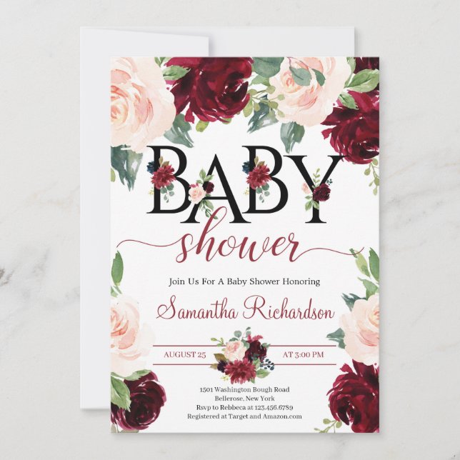 Invitation Baby shower boho floral rose et bordeaux (Devant)