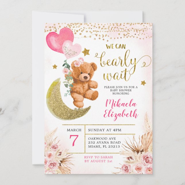 Invitation Baby Shower Boho Floral Rose Ours en At (Devant)