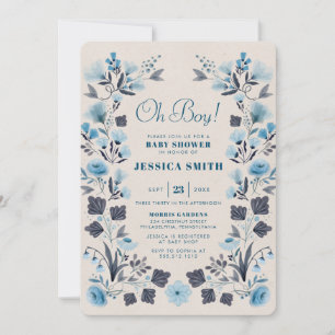 Invitation Baby shower Boho Folk Blue Boy moderne