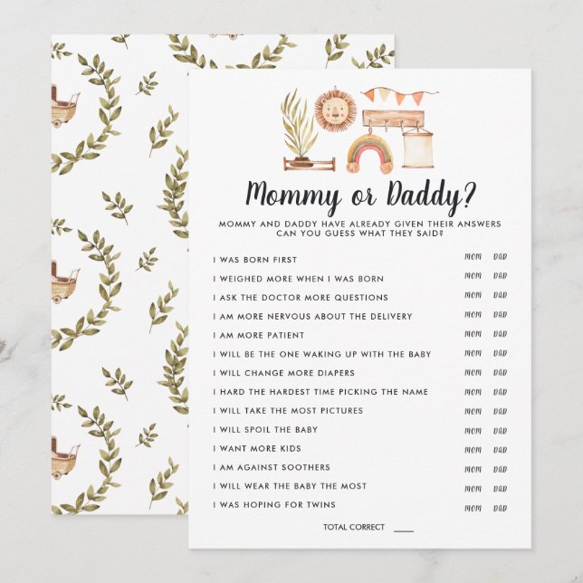 Invitation Baby shower Boho | Jeu maman ou papa (Devant / Derrière)