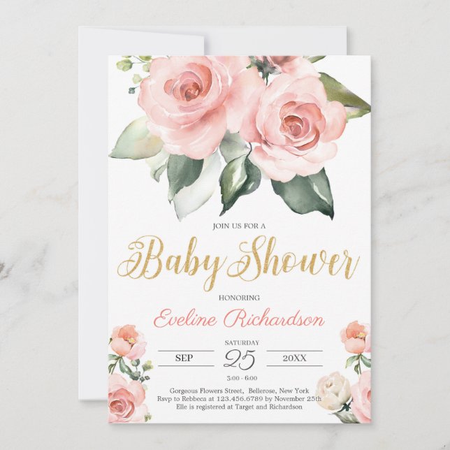 Invitation baby shower boho luxuriant fleuri et doré (Devant)