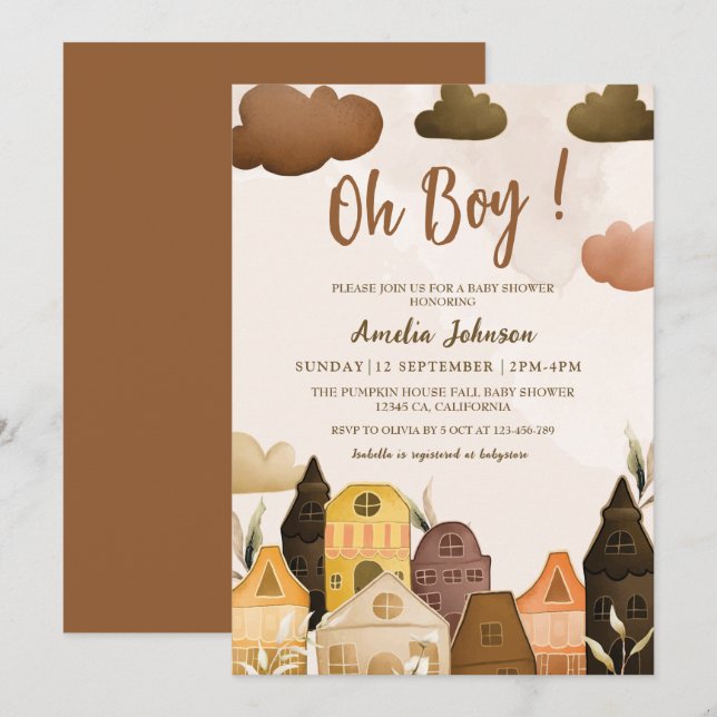 Invitation Baby shower boho marron moderne Oh boy (Devant / Derrière)