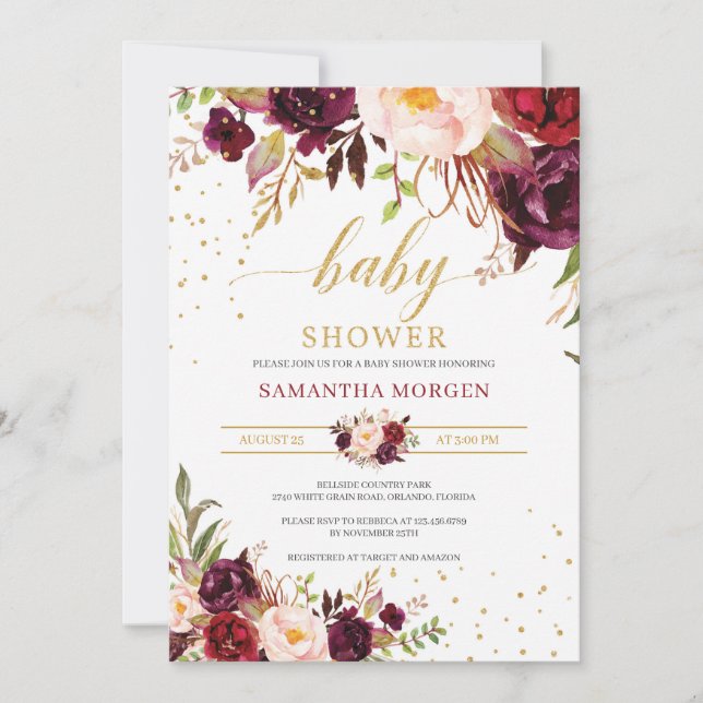 Invitation Baby shower boho marsala rose (Devant)