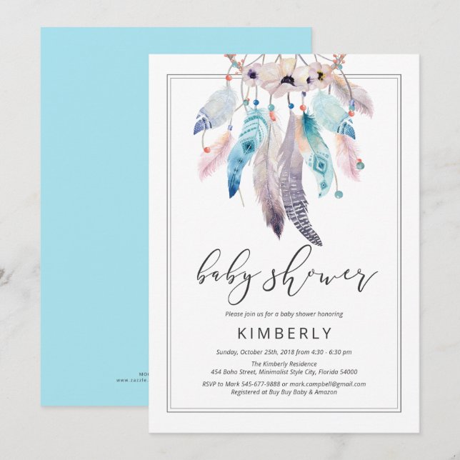 Invitation Baby shower Boho moderne Dreamcatcher Floral Triba (Devant / Derrière)