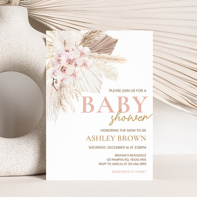 Invitation Baby shower Boho Pampas Floral Rose (Girl Pampas Grass Baby Shower Invitation)