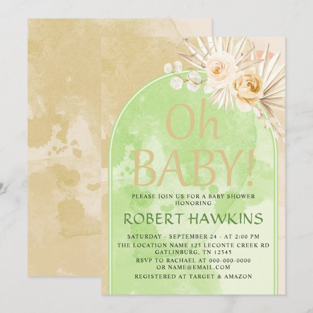 Invitation Baby shower Boho Pampas Grass Arch (Devant / Derrière)