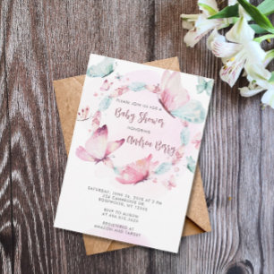Invitation Baby shower Boho papillon rose