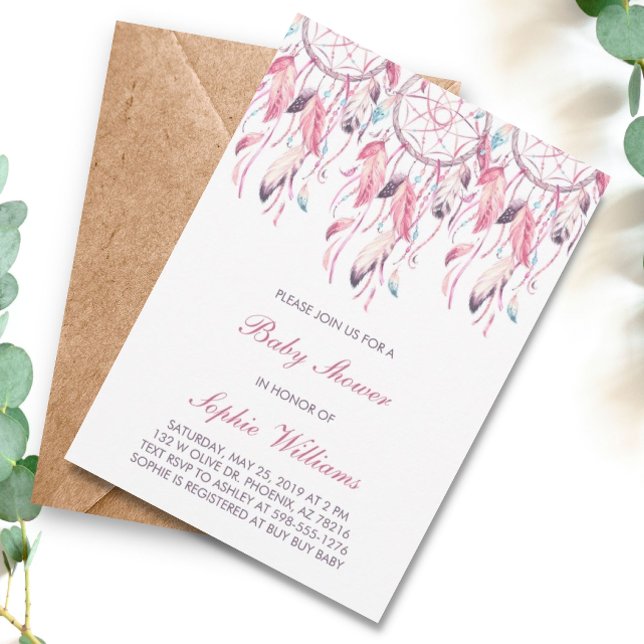 Invitation Baby shower Boho Pink Dreamcatcher (Créateur téléchargé)