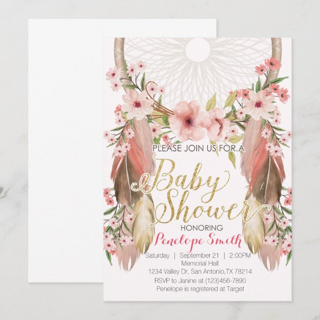 Invitation Baby shower Boho Pink Gold Dreamcatcher (Devant / Derrière)