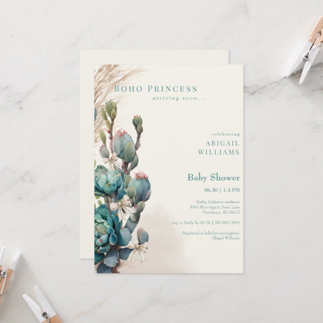 Invitation Baby shower Boho Princess Cactus & Bows (Devant/Arrière en situation)