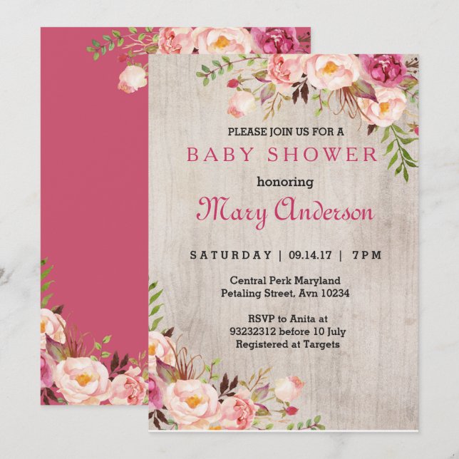 Invitation Baby shower Boho Rose (Devant / Derrière)
