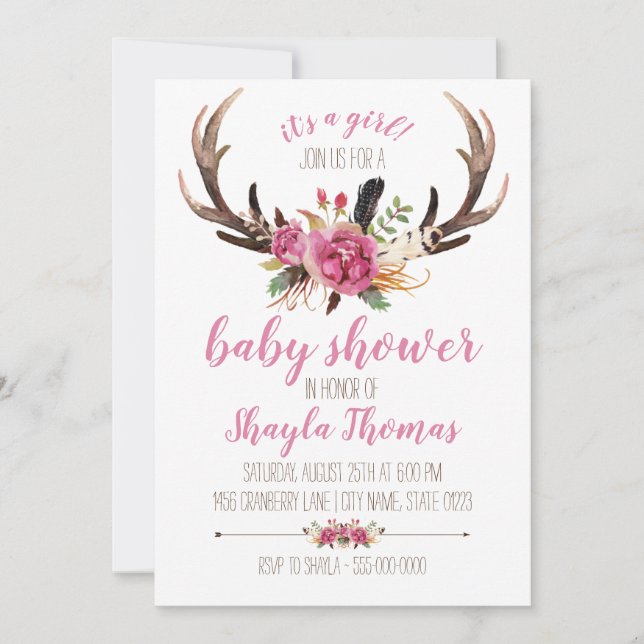 Invitation Baby shower Boho Rose Antler (Devant)