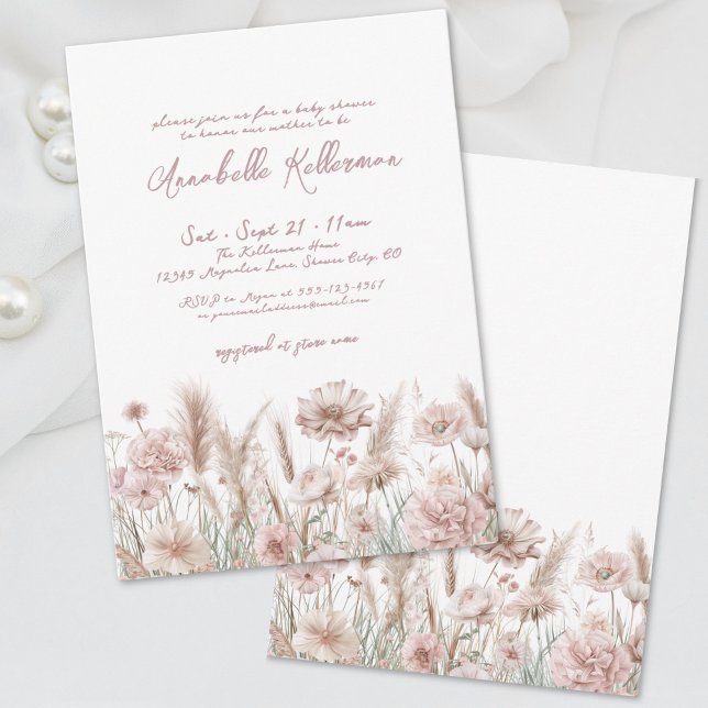Invitation Baby shower Boho rose pâle (Blush Pink Pampas Floral Boho Baby Shower Invitation)