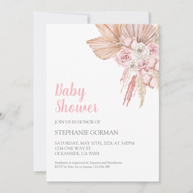 Invitation Baby shower Boho rose pour fille (Devant)