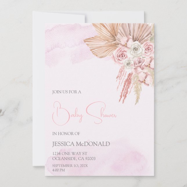 Invitation Baby shower boho rose vif (Devant)