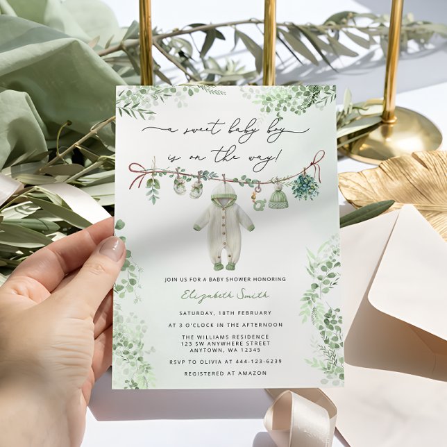 Invitation Baby shower Boho Sage Green Baby Boy Clothes (Créateur téléchargé)