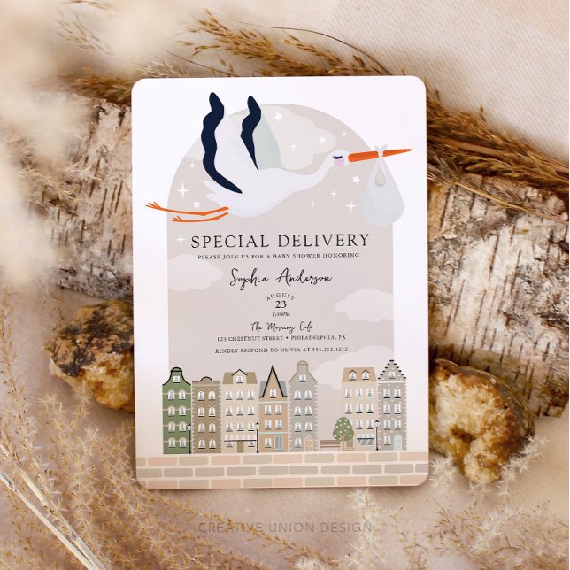 Invitation Baby shower Boho Stork Livraison Spéciale Saupoudr (Boho Baby Shower Stork)