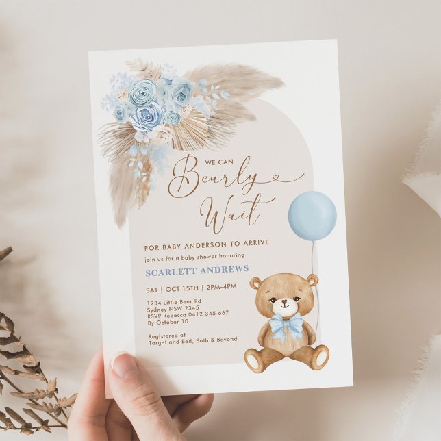 Invitation Baby shower Boho Teddy Bear Balloon Pampas Boy (Créateur téléchargé)