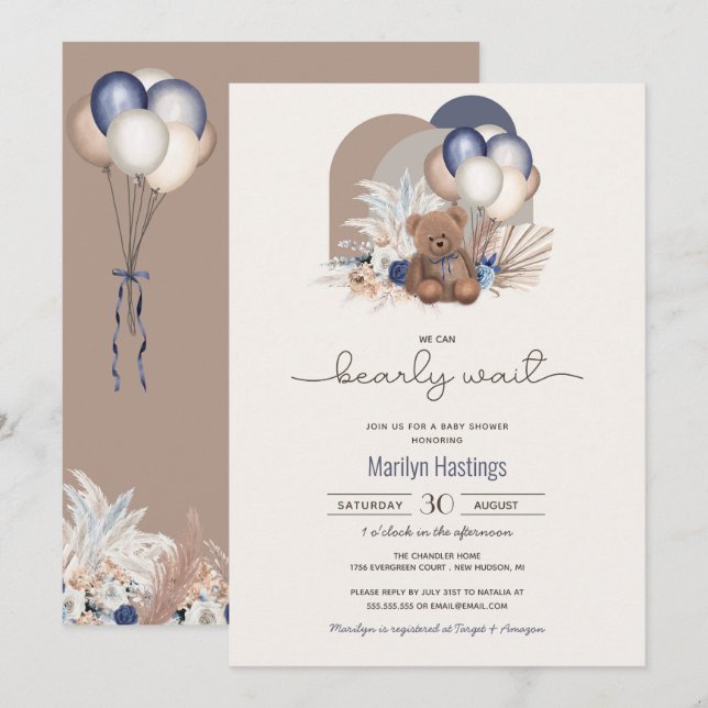 Invitation Baby shower Boho Teddy Bear & Blue White Ballons (Devant / Derrière)