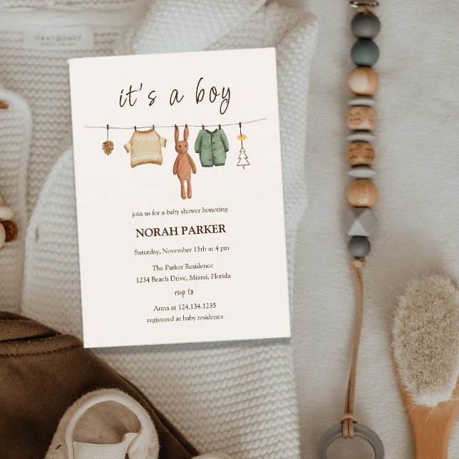 Invitation Baby shower Boho Winter Boy Vêtements (Boho Winter Boy Clothes Baby Shower Invitation)