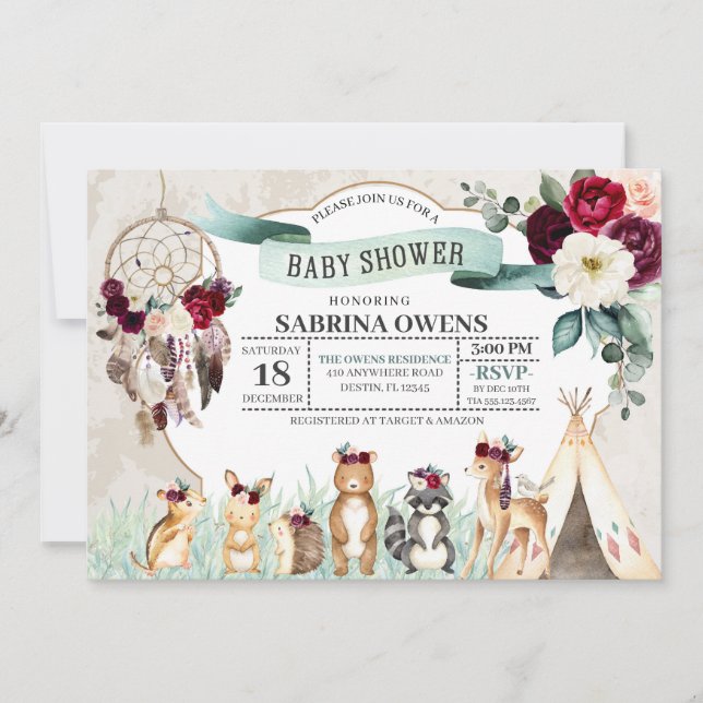 Invitation Baby shower Boho Woodland Dreamcatcher (Devant)