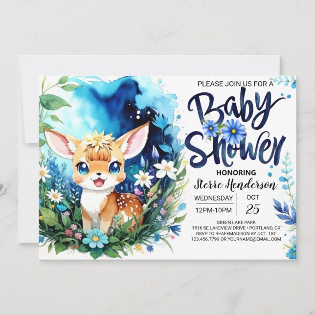 Invitation Baby shower Bois Bleu de Cerf de Bois (Devant)
