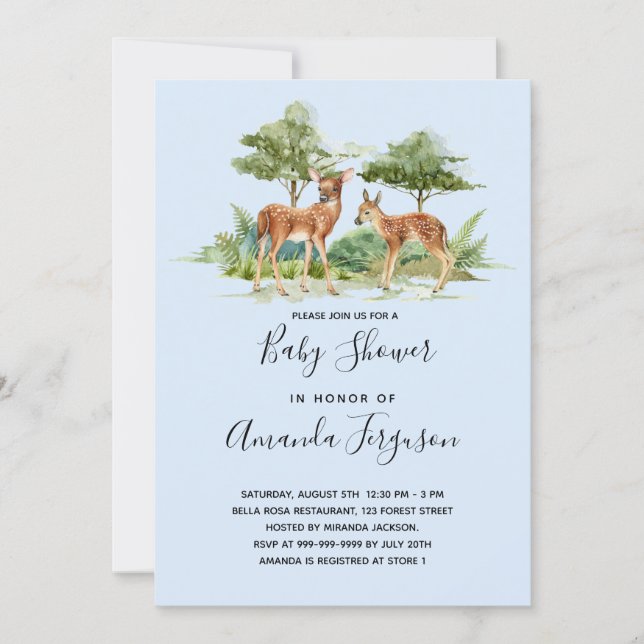 Invitation Baby shower bois forêt animaux cerf bleu (Devant)
