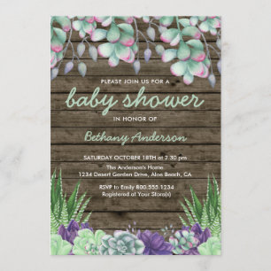 Invitation Baby shower Bois rustique et aquarelle Succulents