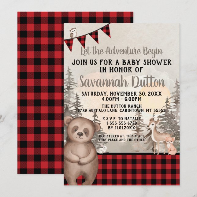 Invitation Baby shower boisé de Buffalo Plaid (Devant / Derrière)