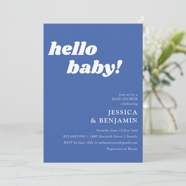 Invitation Baby shower Bonjour simple français bleu (Debout devant)