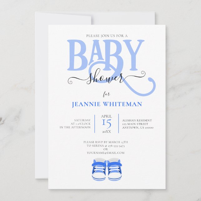INVITATION BABY SHOWER, BOOTIES BLEU, TYPOGRAPHIE BLEU (Devant)