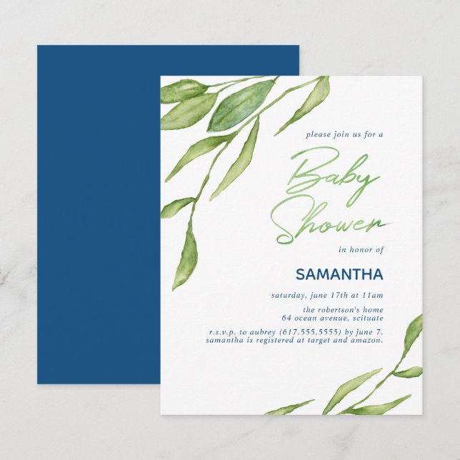 Invitation Baby shower botanique aquarelle (Devant / Derrière)