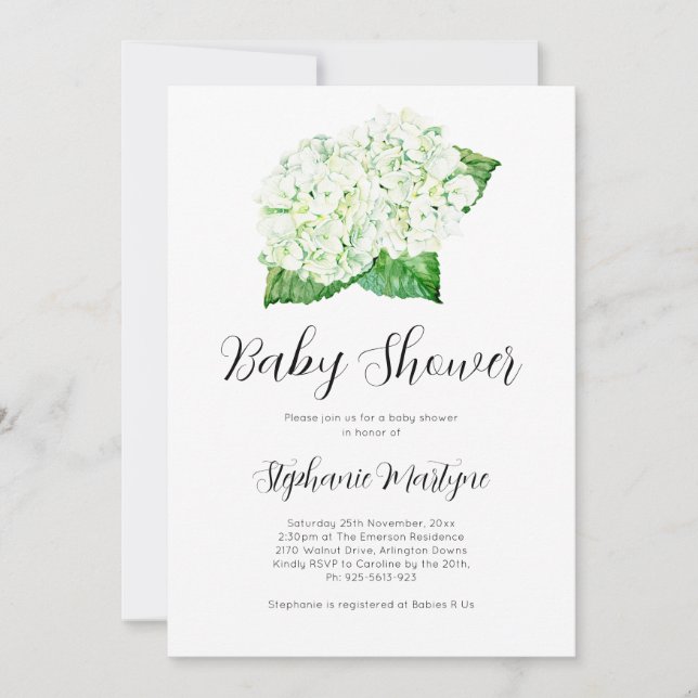 Invitation Baby shower botanique blanc Hydrangea Watercolor (Devant)
