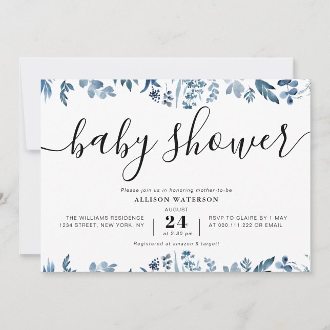 Invitation baby shower botanique bleu poussiéreux (Devant)