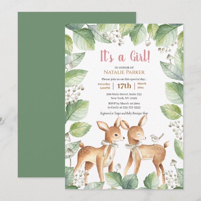 Invitation Baby shower botanique de cerfs de bois (Devant / Derrière)