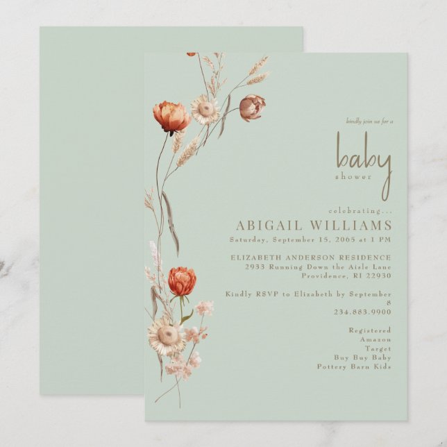 Invitation Baby shower botanique de mesure légère Boho (Devant / Derrière)