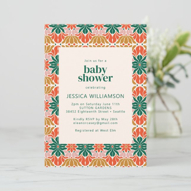 Invitation Baby shower botanique de Noël rose rouge (Debout devant)