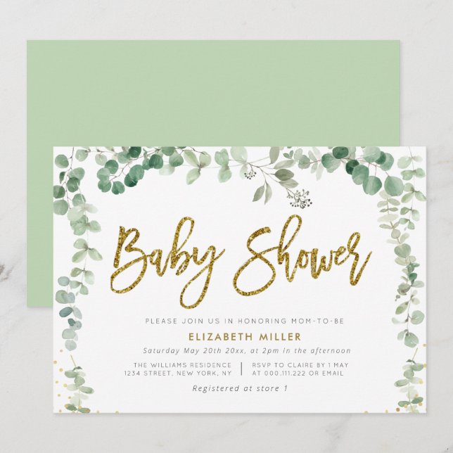 Invitation baby shower botanique d'eucalyptus (Devant / Derrière)