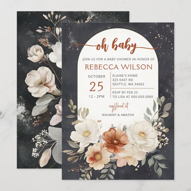 Invitation Baby shower botanique fleuri foncé (Devant / Derrière)