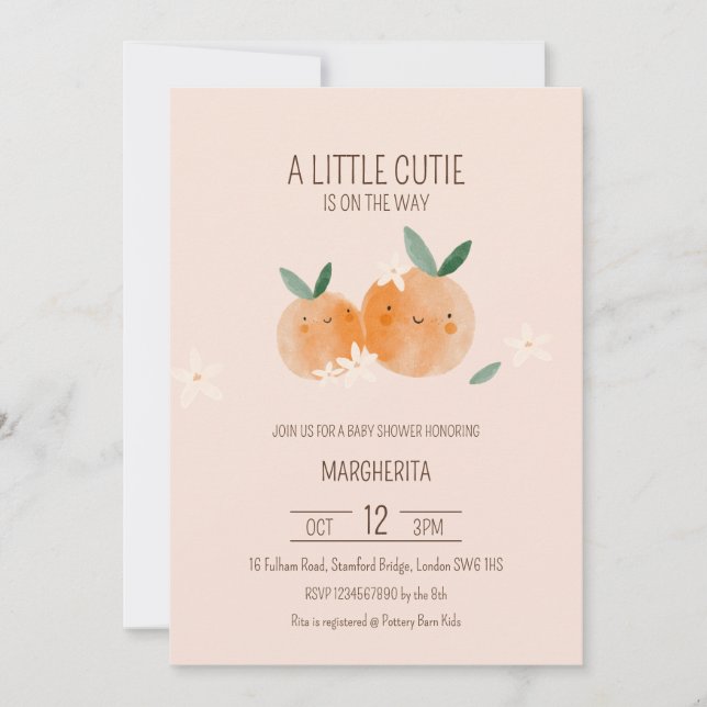 Invitation Baby shower botanique Little Cutie Orange Citrus (Devant)