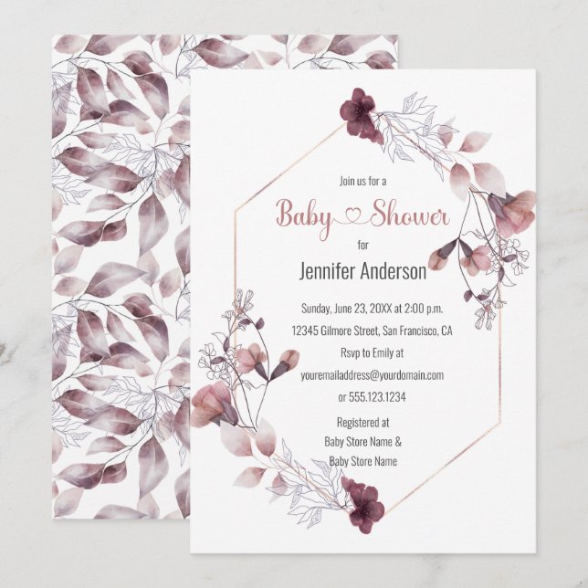 Invitation Baby shower botanique rose mauve (Devant / Derrière)