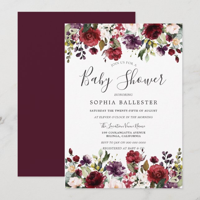 Invitation Baby shower botanique rouge de Bourgogne (Devant / Derrière)