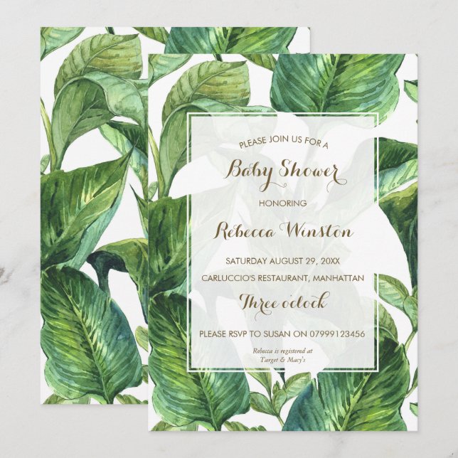 Invitation baby shower botanique tropical feuille (Devant / Derrière)
