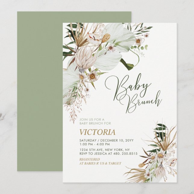 Invitation Baby shower botanique vert et or Boho Brunch (Devant / Derrière)