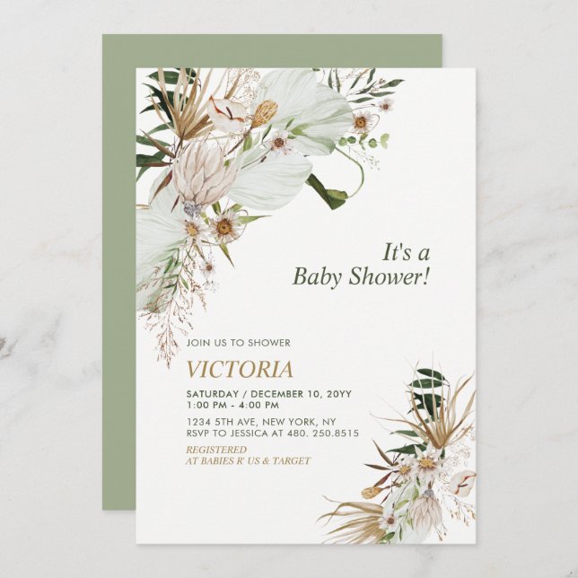 Invitation Baby shower botanique vert et or Boho Brunch (Devant / Derrière)
